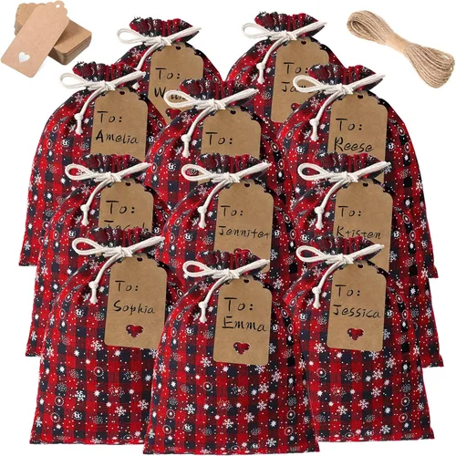 Miniatura 9 de Shappy 48 bolsas navideñas con cordón ajustable, bolsas de dulces de arpillera a cuadros búfalo de Navidad, saco de golosinas de lino, bolsa