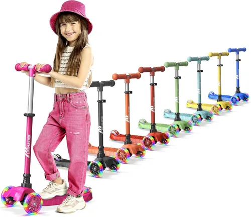 Lifemaster Mini 3-Wheel Kids Scooter with Multi-Color Wheel Lights – 4-Height Adjustable Handlebar, Wide Anti-Slip Deck, Child Safety Certified, Rosa