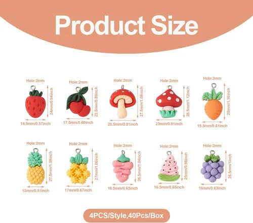 Miniatura 2 de Mega Pet 40 dijes de resina de frutas y verduras, fresa, piña, uva, cereza, resina, hongos, zanahoria, para bricolaje, collares, pulseras, aretes
