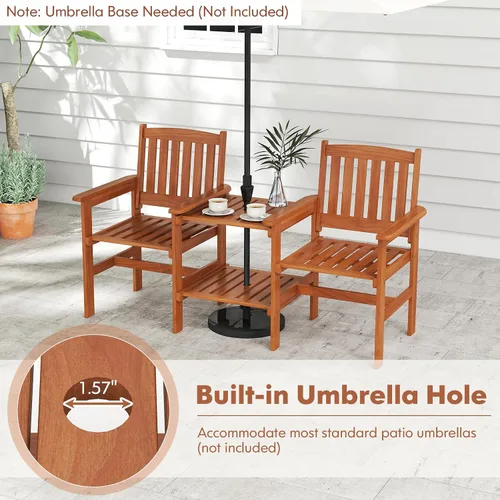 Miniatura 6 de RELAX4LIFE Sofá de dos plazas para exteriores con mesa integrada, sillas de patio de madera con mesa central y agujero para paraguas, banco