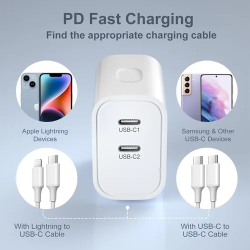 Miniatura 7 de Costyle - Cargador de pared USB C [3 unidades], bloque de carga doble USB C de 20 W, enchufe de pared rápido C, bloque de carga tipo C para iPhone