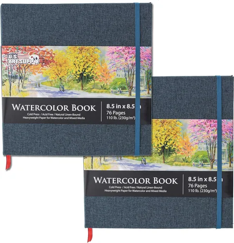 U.S. Art Supply Libro de acuarela de 8.5 x 8.5 pulgadas (paquete de 2, 76 hojas cada uno), 110 libras (230 GSM) encuadernado en lino, bloc de papel