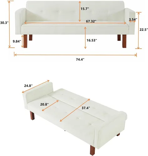 Miniatura 2 de Anwick Sofá cama de tela moderna, sofá cama convertible con 2 almohadas y reposabrazos, sofá reclinable plegable de 75 pulgadas con patas de madera