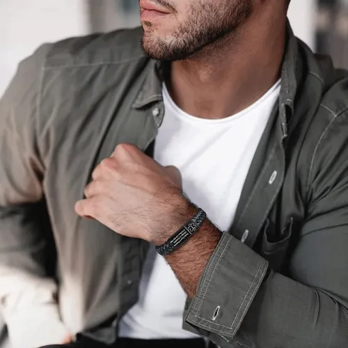 Miniatura 3 de VNOX Pulsera médica para hombres Pulsera de cuero genuino de acero inoxidable con alerta médica para hombres y mujeres, 8.3 pulgadas