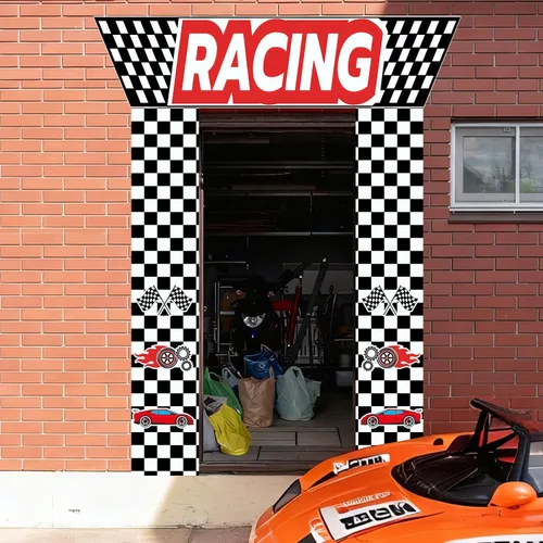 Miniatura 4 de Decoraciones para fiestas de autos de carreras, 3 piezas con temática de carreras, banderas a cuadros, para colgar en cabina de fotos de cumpleaños
