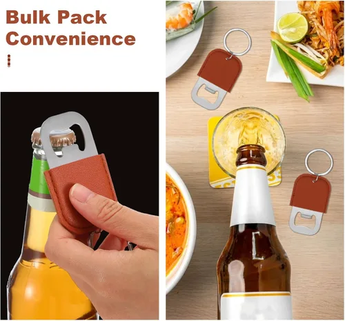 Miniatura 5 de 24 llaveros de piel sintética marrón, abridor de cerveza de acero inoxidable para regalo, boda, fiesta, bar, llavero en blanco a granel