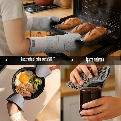 Miniatura 6 de Rorecay Juego de 6 guantes de horno y soportes para ollas para cocina, guantes de horno extralargos de silicona, resistentes al calor, 500 grados