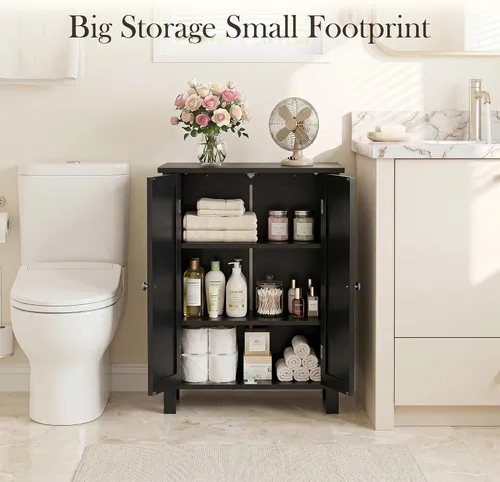 Miniatura 4 de SUPER DEAL Armario de almacenamiento moderno para el suelo del baño con estante ajustable y doble puerta a prueba de óxido, para sala de estar