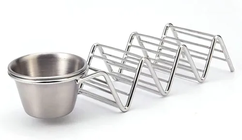 TOPINCN Soporte para tacos de acero inoxidable, 3 rejillas en forma de V, bandeja para tacos con taza de salsa, bandeja de metal para servir maíz,