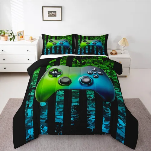 Miniatura 49 de Juego de edredón de videojuegos para niños, niñas y hombres, juego de ropa de cama con estampado de consola de videojuegos negro, decoración