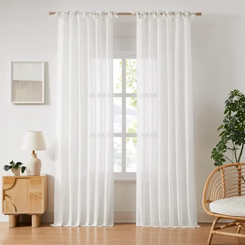 Central Park Cortinas traslúcidas con lazo superior blanco de 90 pulgadas de largo, lino texturizado, estilo rústico, para sala de estar,