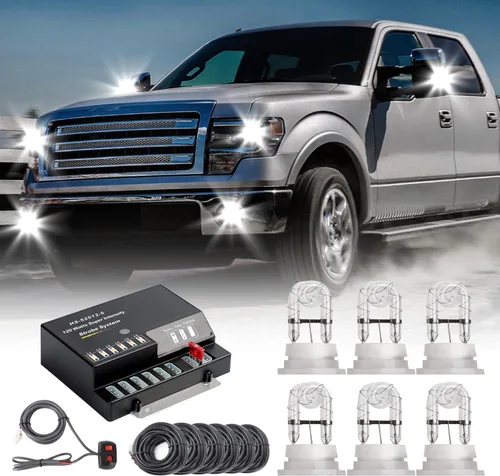 Kit de Luces Estroboscópicas Ocultas con 6 Bombillas HID, 13 Modos Intermitentes, Función de Memoria, Cable de Alimentación de 16 Pies con Blanco 6
