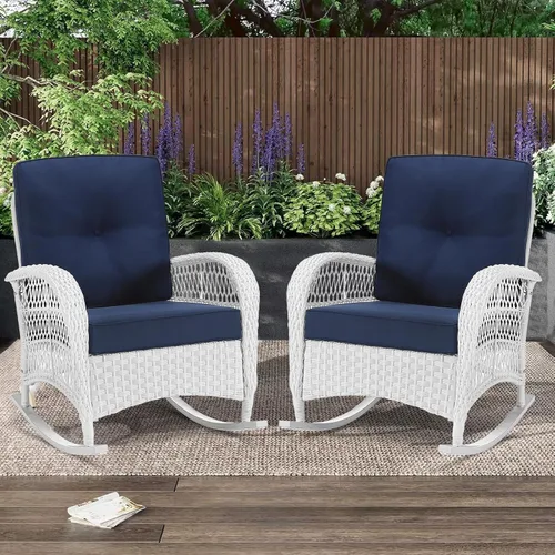 Miniatura 20 de MEETWARM Mecedora de mimbre para exteriores, sillas mecedoras de ratán para patio con cojines y respaldo alto, silla de mimbre para patio para todo