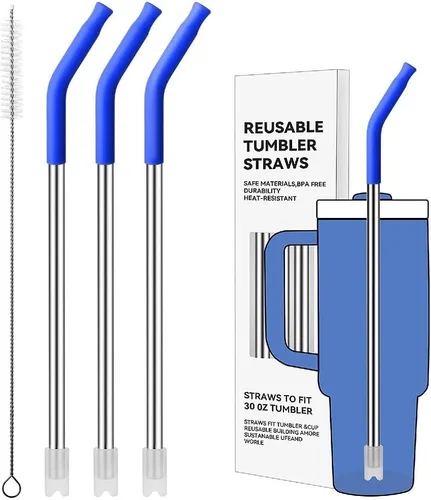 Miniatura 13 de Pajitas de metal rectas para vaso Stanley de 40 onzas, paquete de 3 popotes reutilizables de acero inoxidable con puntas de silicona y cepillo Gris