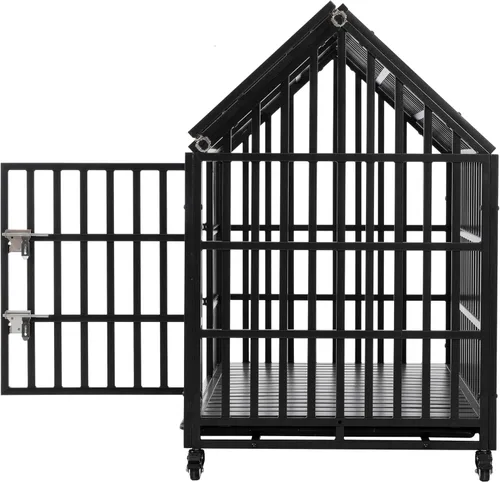 Miniatura 4 de Jaula para perros de alta resistencia, jaula de metal fuerte para perros grandes con 4 ruedas con cerradura (negro, 52 pulgadas)