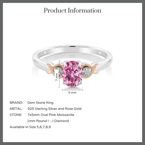 Miniatura 70 de Gem Stone King Anillo de compromiso de plata de ley 925 y oro rosa de 10 quilates, piedra preciosa ovalada de 0.276 x 0.197 in, con acento