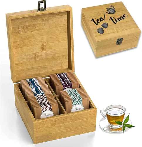 Miniatura 15 de Caja Organizadora de Té de Bambú Libre de Químicos Ecológica Grande, Alta, Compartimentos Ajustables Cofre de Almacenamiento de Madera Natural