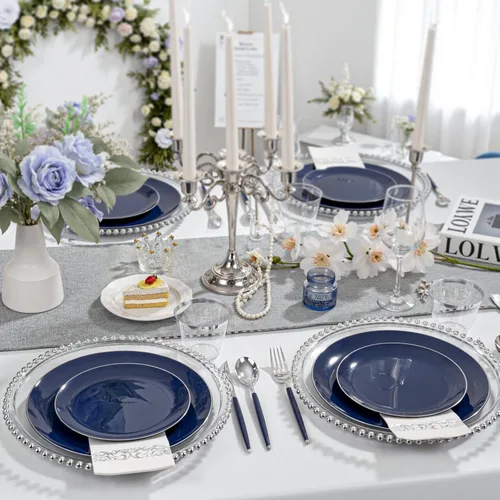Miniatura 5 de KIRE 175 platos de plástico azul con borde plateado y cubiertos desechables con mango azul y tazas de borde plateado, servilleta de mano y vajilla
