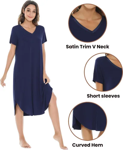Miniatura 4 de NACHILA Camisones para mujer, viscosa hecha de bambú, cuello en V, manga corta, ropa de dormir fresca