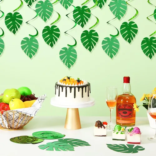 Miniatura 7 de Ireer 64 piezas hawaianas Luau para fiesta, hojas de palmera, remolinos, colgantes, hojas con purpurina, hojas verdes, tropicales, safari, selva