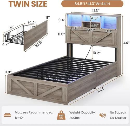 Miniatura 2 de VIAGDO Marco de cama estilo granja tamaño individual con cabecera de almacenamiento tipo estantería, estación de carga y luces LED, marco de cama