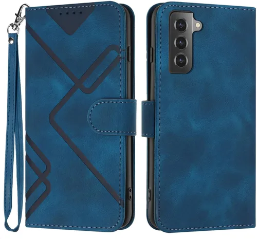 Miniatura 2 de Funda para Galaxy S21, tarjetero, correa para la muñeca, soporte, cierre magnético, funda con patrón de piel sintética, protección a prueba de Azul