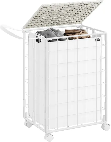 Miniatura 11 de SONGMICS Cesta de lavandería de 90 litros con tapa, cesta de ropa con ruedas, bolsa de forro extraíble plegable, clasificador de ropa hecho