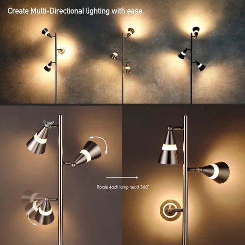 Miniatura 3 de O'Bright Ash - Lámpara de pie LED de árbol de 3 luces, LED regulable de 3 cabezales, lámpara de pie multidireccional, pantalla múltiple ajustable