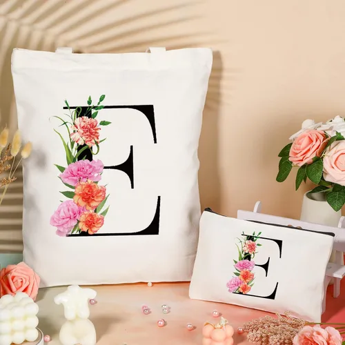 Miniatura 3 de Bolsa de lona con letra inicial personalizada, regalo para el día de la madre, damas de honor, novia, cumpleaños, boda Flower-E