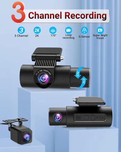 Miniatura 2 de Cámara de tablero 2K de 3 canales, cámara de tablero 2K+1080P frontal y trasera 360 Dual Dash Cam WiFi incorporado 2K+1080P+1080P Cámara triple