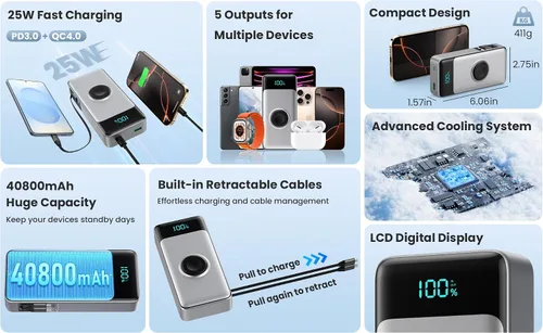 Miniatura 8 de Cargador portátil 5 en 1 para iPhone, banco de energía de 40800 mAh con cable retráctil incorporado y cargador para iWatch, paquete de batería