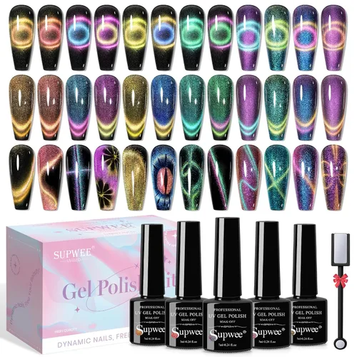 Miniatura 14 de Esmalte de uñas de gel reflectante de ojo de gato, brillante holográfico magnético, gel 9D, juego de esmaltes de gel de ojo de gato, 12