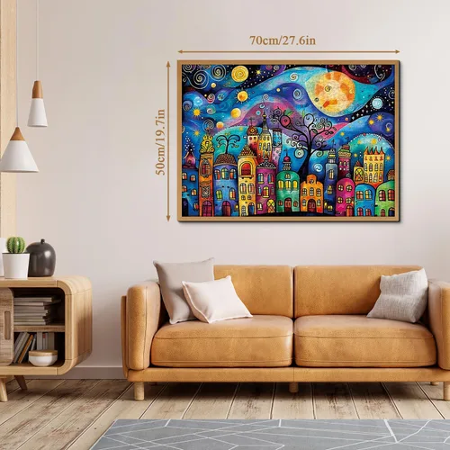 Miniatura 4 de Rompecabezas de casas coloridas para adultos de 1000 piezas, rompecabezas de paisaje nocturno de pueblo, rompecabezas abstracto de cielo estrellado