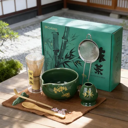 Miniatura 9 de Juego de batidor de matcha, 8 piezas de oro de flor de ciruelo para ceremonia de té japonesa, cuenco de cerámica con boquilla, batidor de bambú