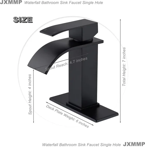 Miniatura 2 de Grifo de baño de cascada negra de un solo agujero, grifo de lavabo de baño con escurridor desplegable y placa de cubierta para instalación de 3