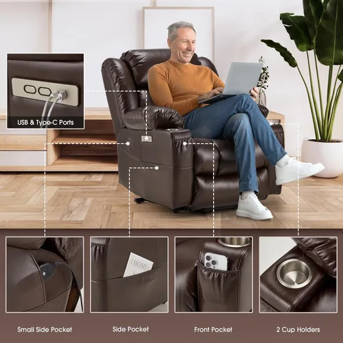 Miniatura 6 de Power Lift Sillón Reclinable de Cuero con Masaje y Calor, Silla Lazy Boy con Portavasos, Puertos USB y Tipo C, Control Remoto (Marrón)