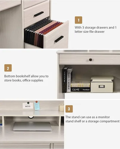 Miniatura 4 de Escritorio blanco para oficina en casa con 4 cajones y gabinete, mesa de computadora para dormitorio, blanco roto