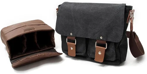 Miniatura 4 de Bolsa de lona para cámara de cuero para hombre DSLR SLR SLR, bolsa de mensajero para cámara vintage, bolsa de hombro (gris oscuro)