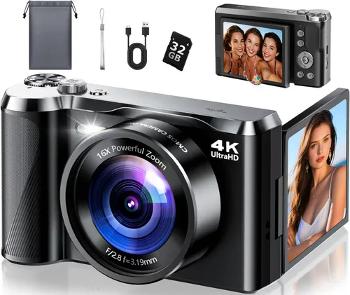 Cámara digital 4K para fotografía, cámara de enfoque automático de 56 MP con pantalla abatible de 180° de 3 pulgadas, zoom de 16X, cámara compacta