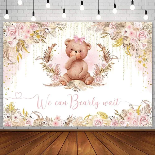 Miniatura 11 de AIBIIN Telón de fondo bohemio para baby shower de 10 x 7 pies para niño, We Can Bearly Wait Oh Baby, fondo de fotografía de flores azul real, hierba