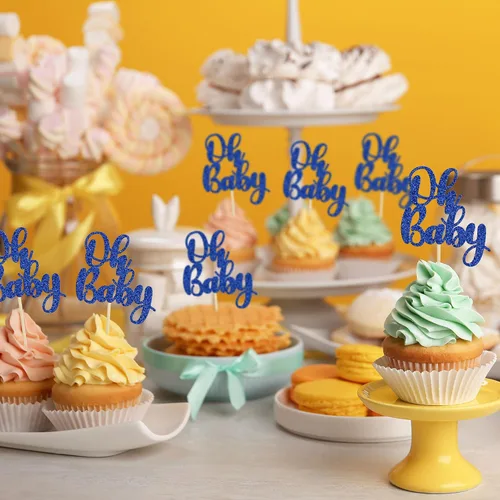 Miniatura 6 de Gyufise 36 piezas Oh Baby Cupcake Toppers Glitter Baby Shower Oh Baby Cupcake Picks para revelación de género Baby Shower Niños Niñas Fiesta de Azul