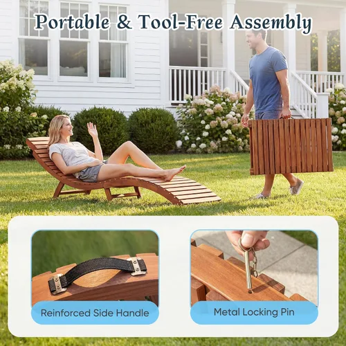 Miniatura 5 de Flamaker - Sillas de recostarse para exteriores, plegables de madera de acacia, con asa lateral, tumbona para sol para piscina, césped, jardín