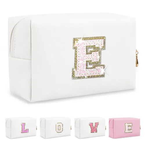 Miniatura 57 de Pequeña bolsa de maquillaje personalizada con inicial A-Z Preppy Patch, bolsa de cosméticos de viaje de felpilla blanca con cremallera, bonita bolsa