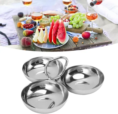 Miniatura 3 de Plato de Servir de Acero Inoxidable 304, Plato de Frutas 3 en 1 con Compartimento para Aperitivos, Platos de Postre Reutilizables, Plato de Frutas