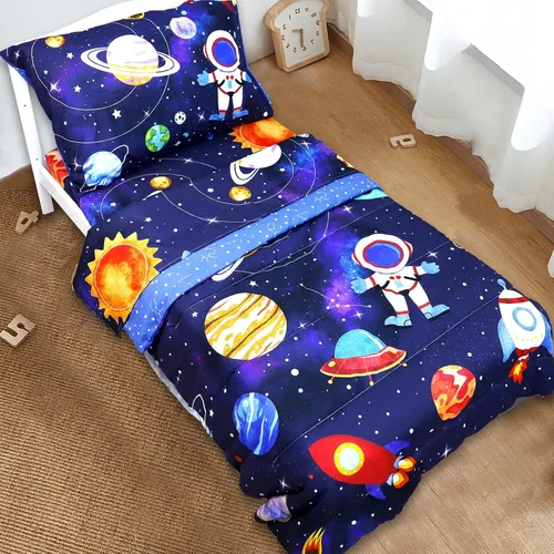 Miniatura 9 de SWESEN Juego de ropa de cama para niños pequeños, juego de ropa de cama azul espacial, suave y ligero de 4 piezas, incluye edredón, sábana encimera