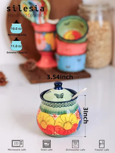 Miniatura 4 de Azucarero hecho a mano de Silesia con tapa y cuchara, jarra de azúcar de cerámica pintada a mano de 9 onzas para el hogar en caja de regalo