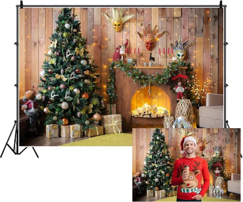 Miniatura 8 de Renaiss Fondo de chimenea de Navidad de 5 x 3 pies, cajas de regalo de árbol de Navidad retro marrón con purpurina, fondo de fotografía de Feliz