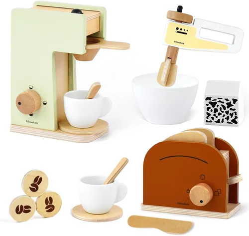 Pillowhale Paquete de juego de café de madera 3 en 1 – Juego de simulación de cafetera, batidora manual y tostador emergente con accesorios para