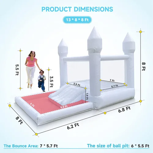 Miniatura 9 de Casa inflable blanca para niños con soplador UL, portátil, piscina de bolas grande y espacio de salto, castillos hinchables 3 en 1, una espaciosa