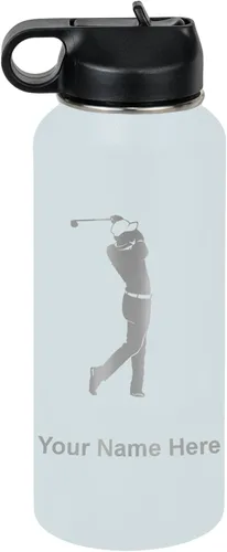 Miniatura 13 de LaserGram Botella de agua personalizada, golfista de golf, acero inoxidable de doble pared aislada al vacío con popote superior, regalo grabado Negro